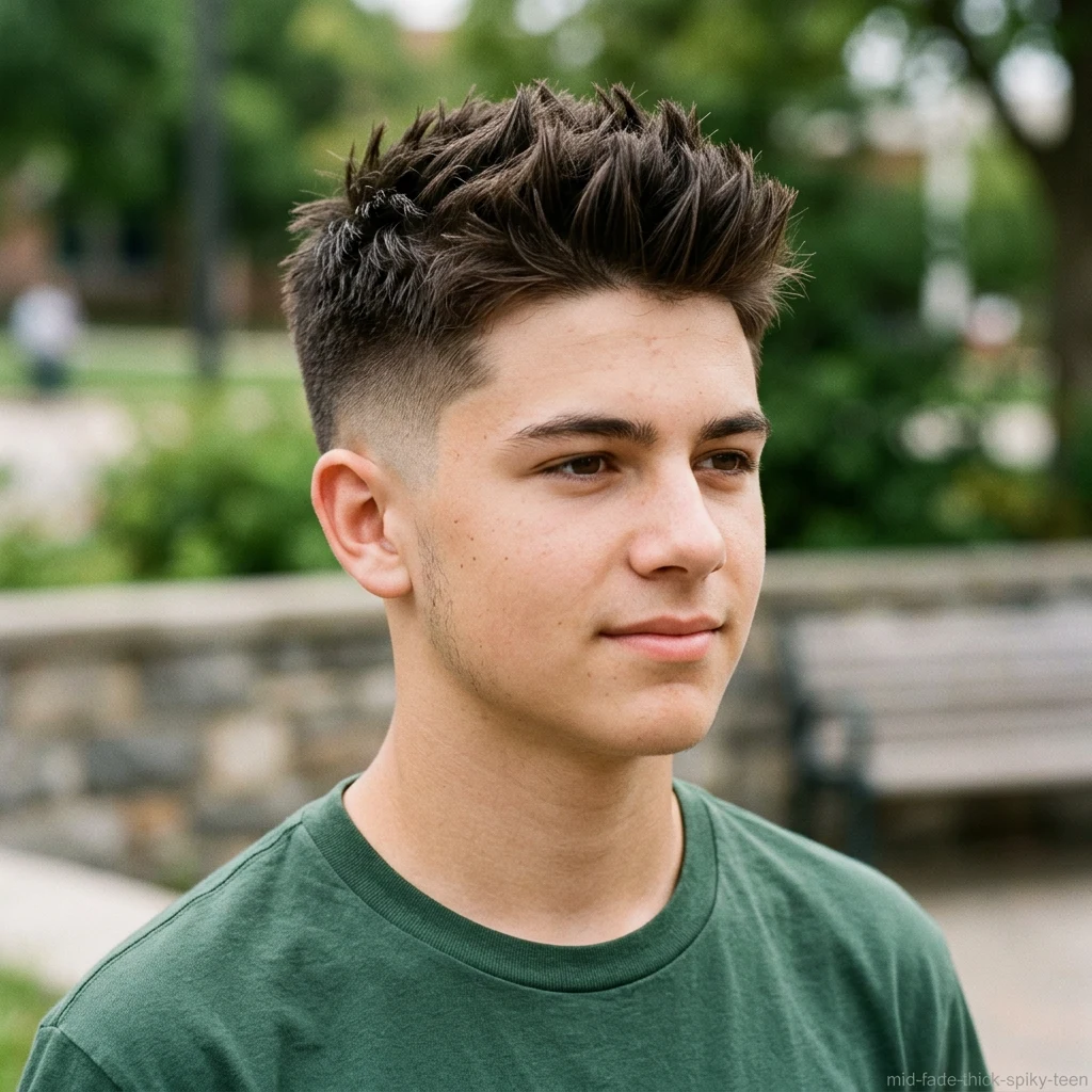 Teen boy with thick hair spiky cut and mid fade haircut