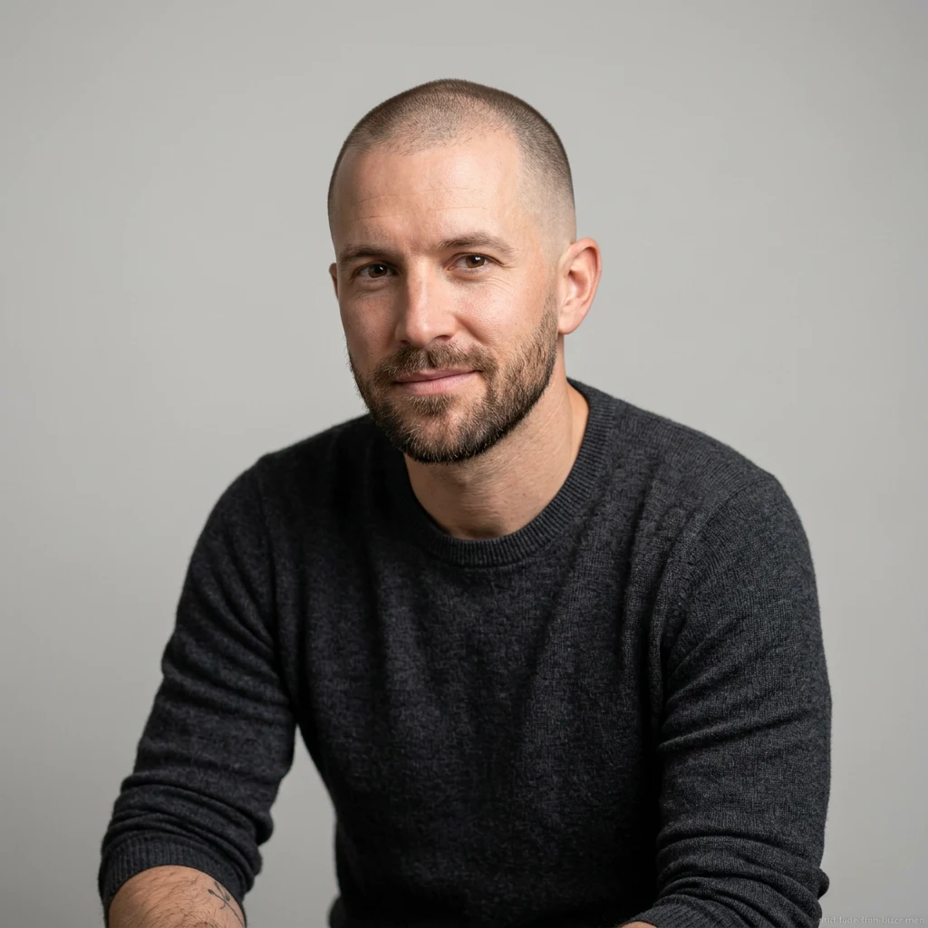 Man with thin hair buzz cut and mid fade haircut