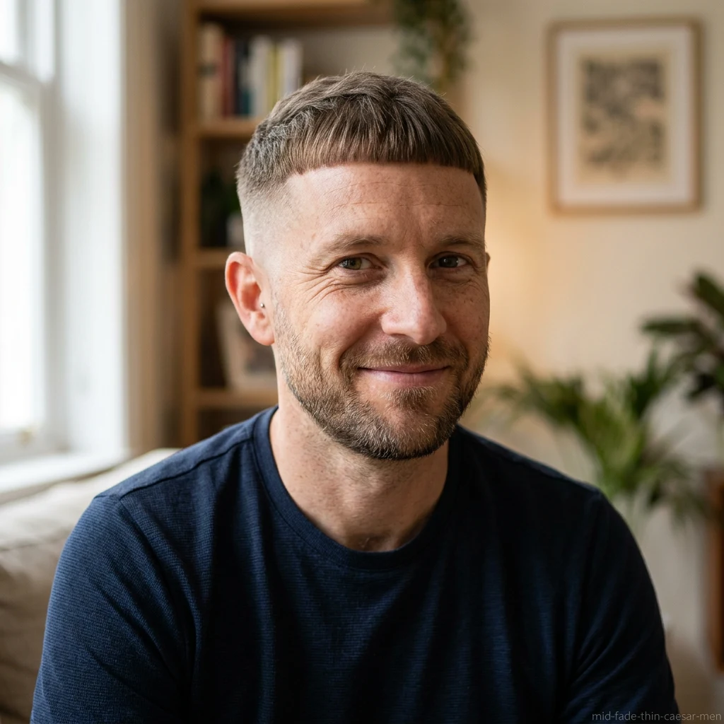 Man with thin hair Caesar cut and mid fade haircut