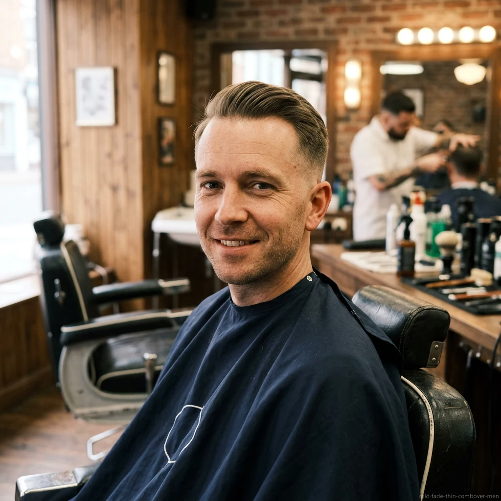 Man with thin hair comb over and mid fade haircut