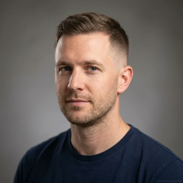 Man with thin hair crew cut and mid fade haircut