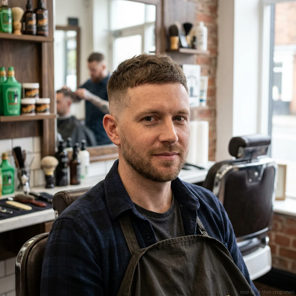 Man with thin hair textured crop and mid fade haircut