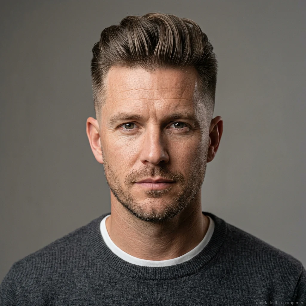 Man with thin hair pompadour and mid fade haircut