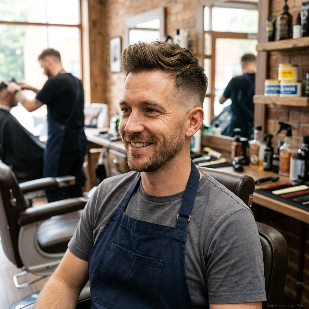 Man with thin hair quiff and mid fade haircut