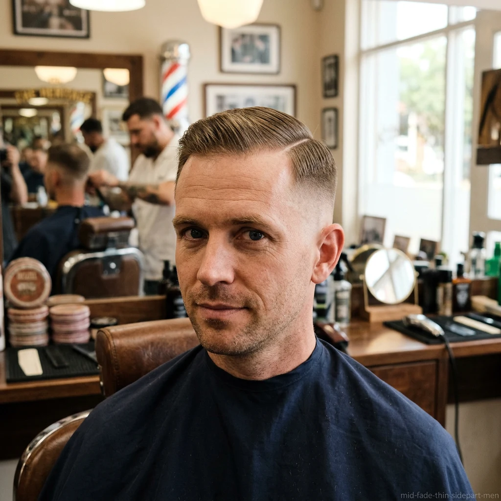 Man with thin hair side part and mid fade haircut