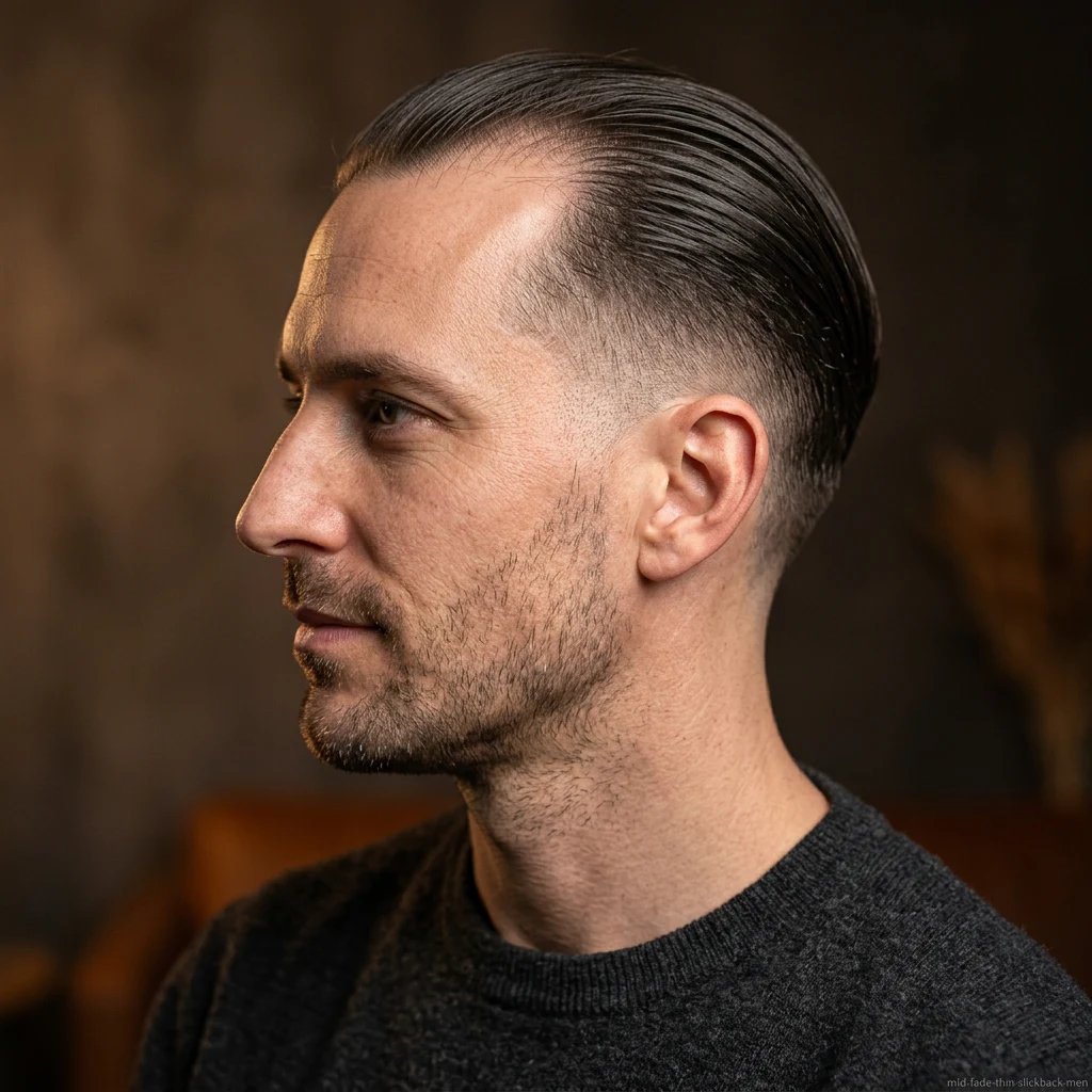 Man with thin hair slick back and mid fade haircut