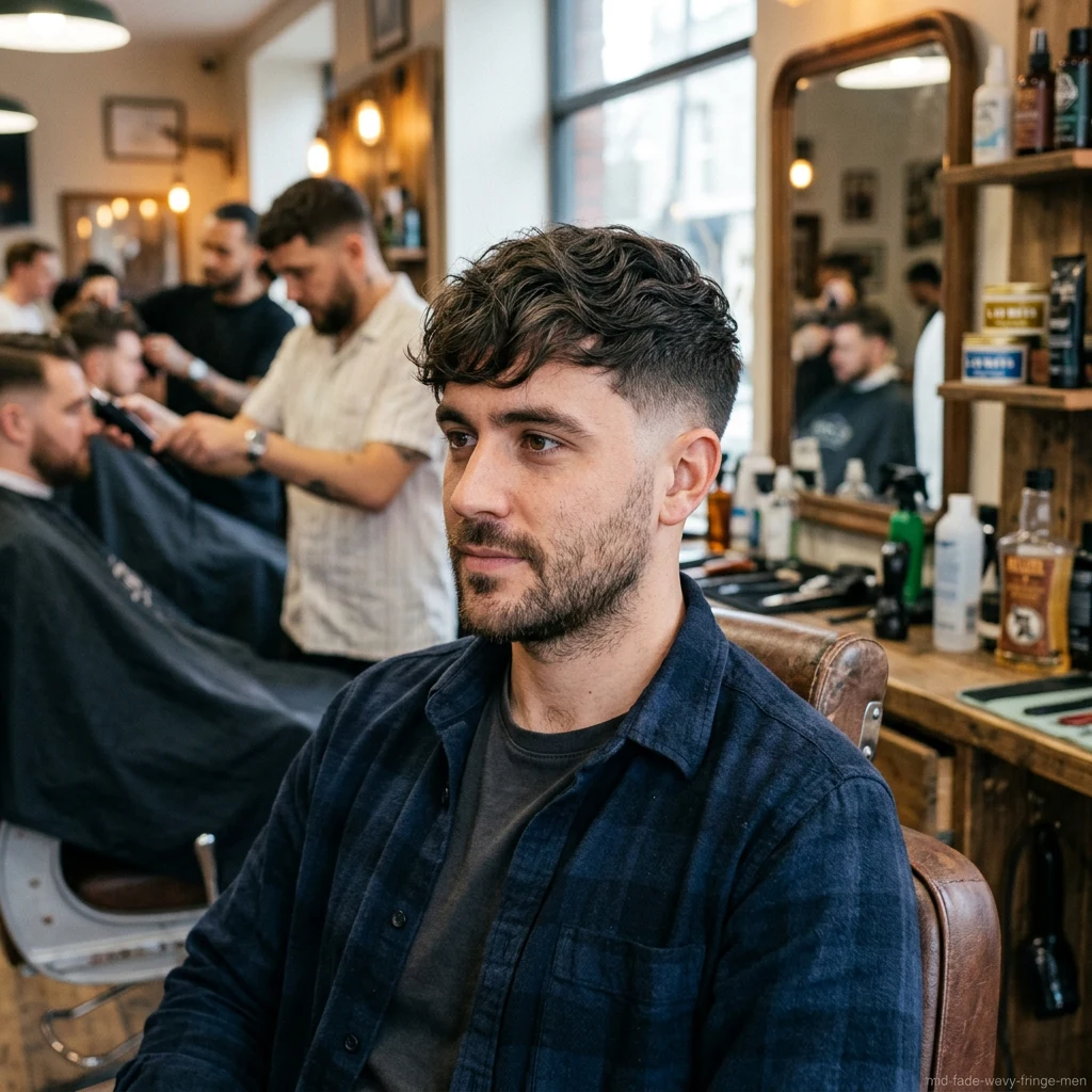 Man with wavy comb over and mid fade haircut