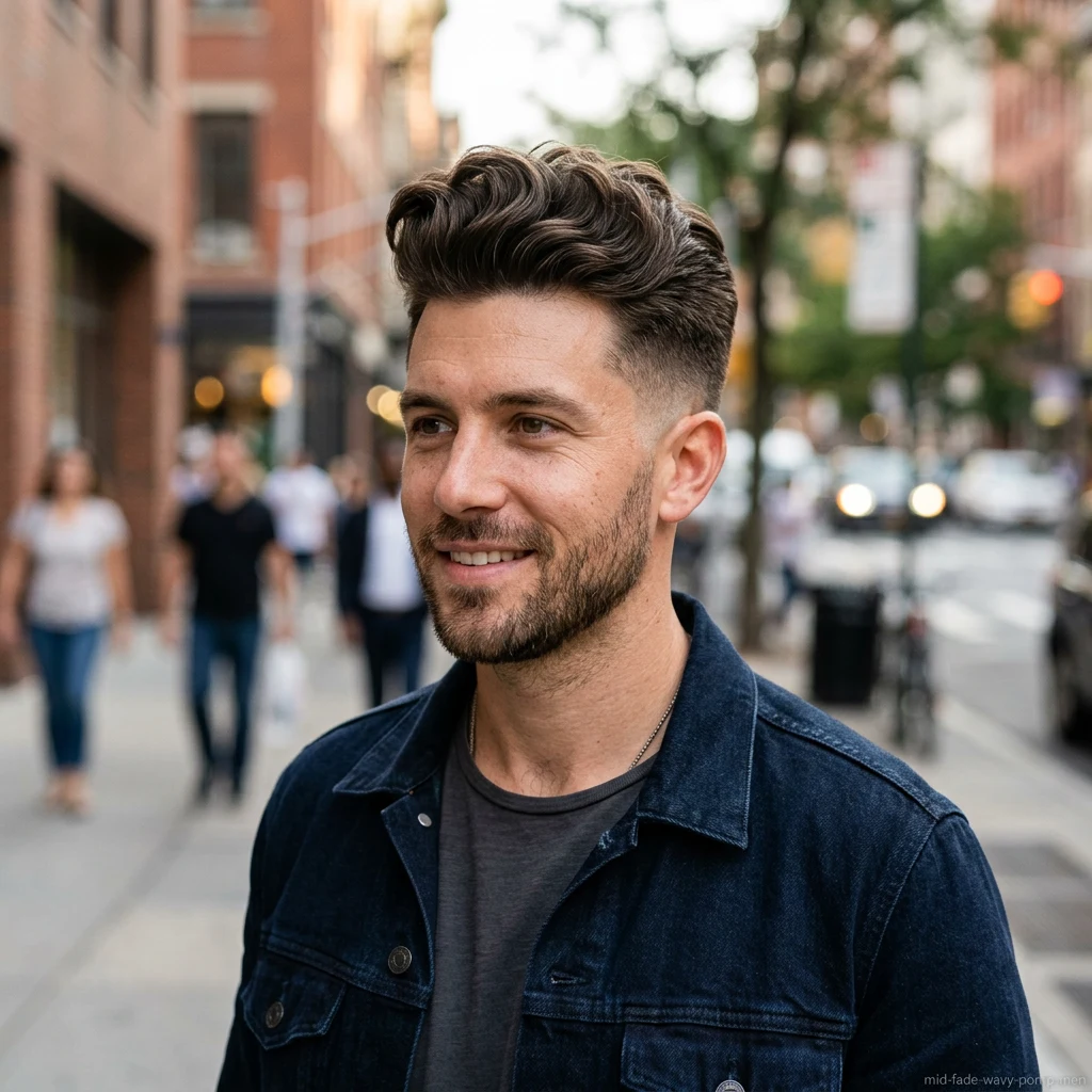 Man with wavy crew cut and mid fade haircut