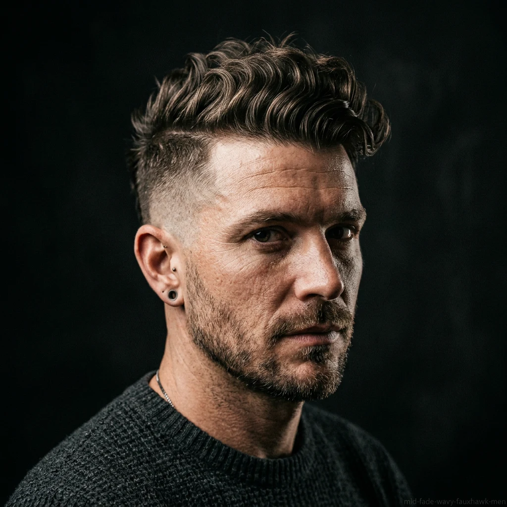 Man with wavy faux hawk and mid fade haircut