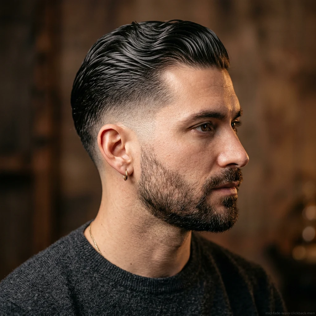 Man with wavy pompadour and mid fade haircut
