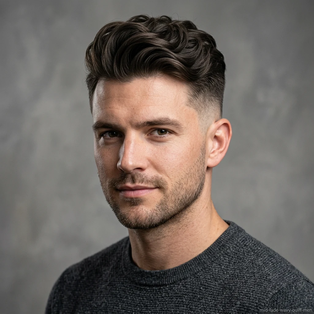 Man with wavy quiff and mid fade haircut