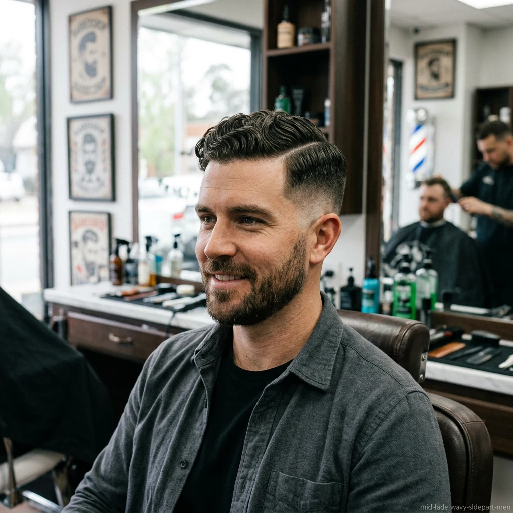 Man with wavy side part and mid fade haircut
