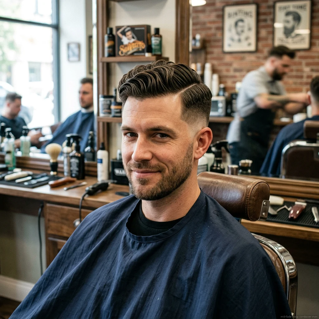 Man with wavy slick back and mid fade haircut