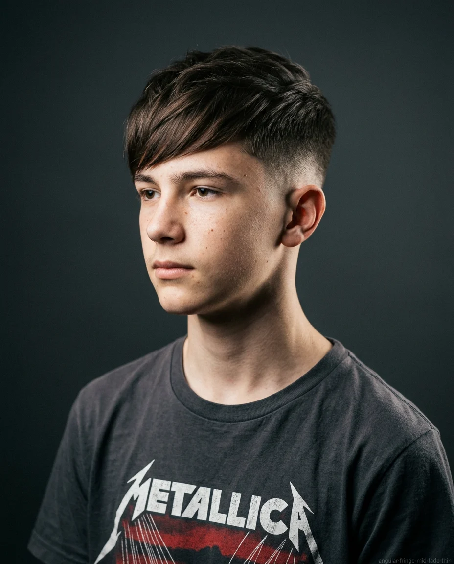 Mid Fade Angular Fringe haircut for teen boy with thin hair