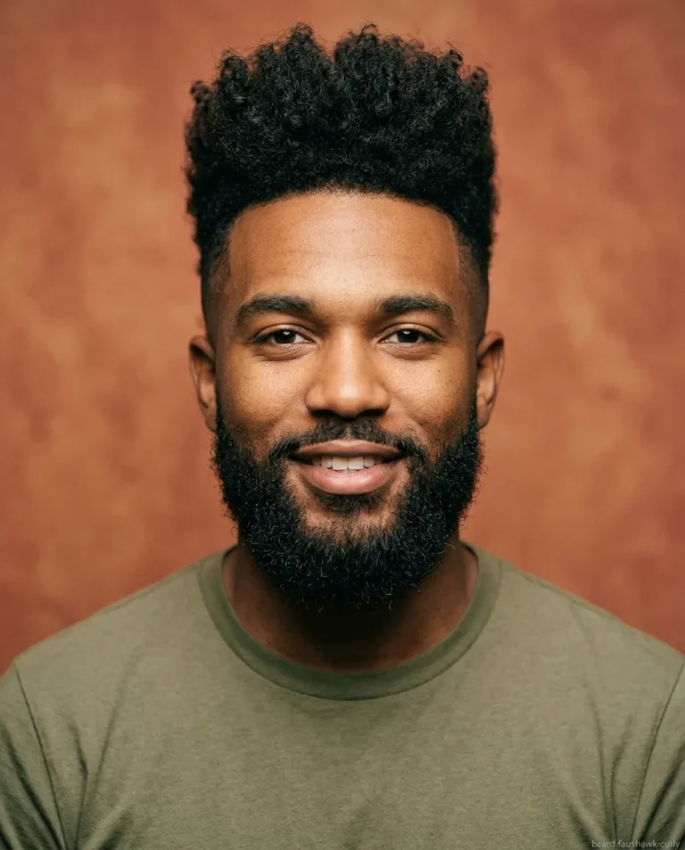 Curly faux hawk paired with beard for men