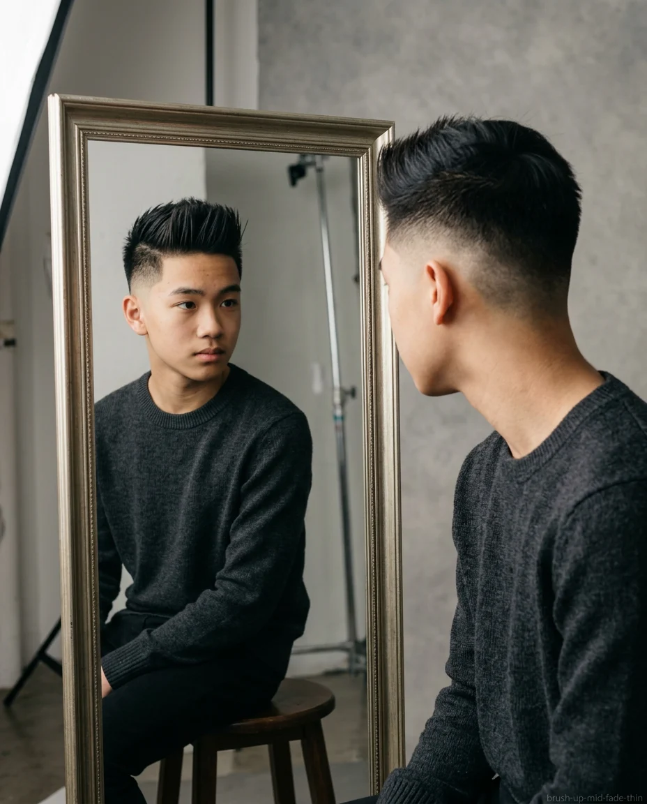 Mid Fade Brush Up haircut for teen boy with thin hair
