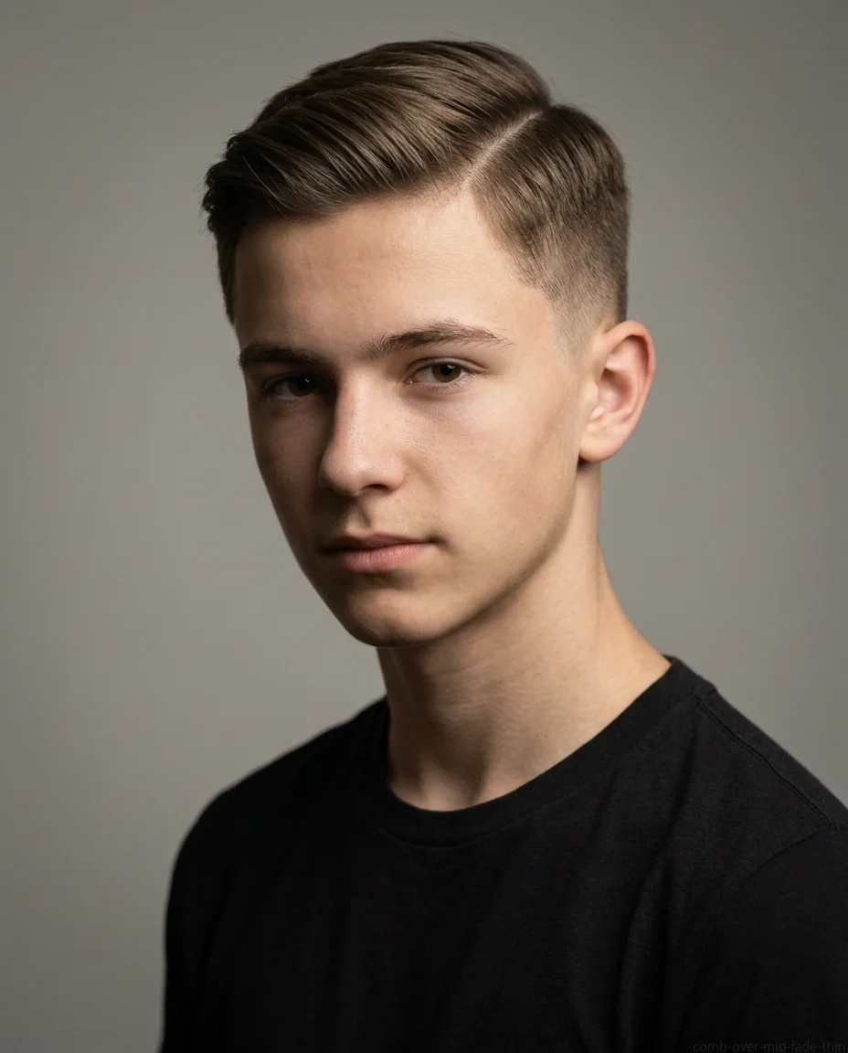 Mid Fade Comb Over haircut for teen boy with thin hair