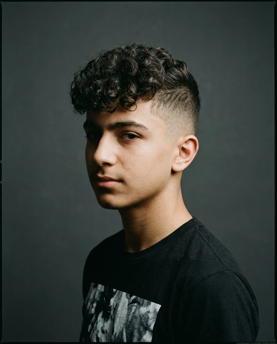 Short Comb Over Fade with Curls on Top