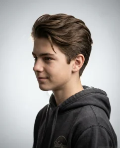 Classic long comb over on teen boy thick hair