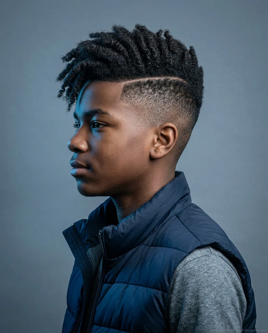Disconnected long comb over on teen boy thick hair