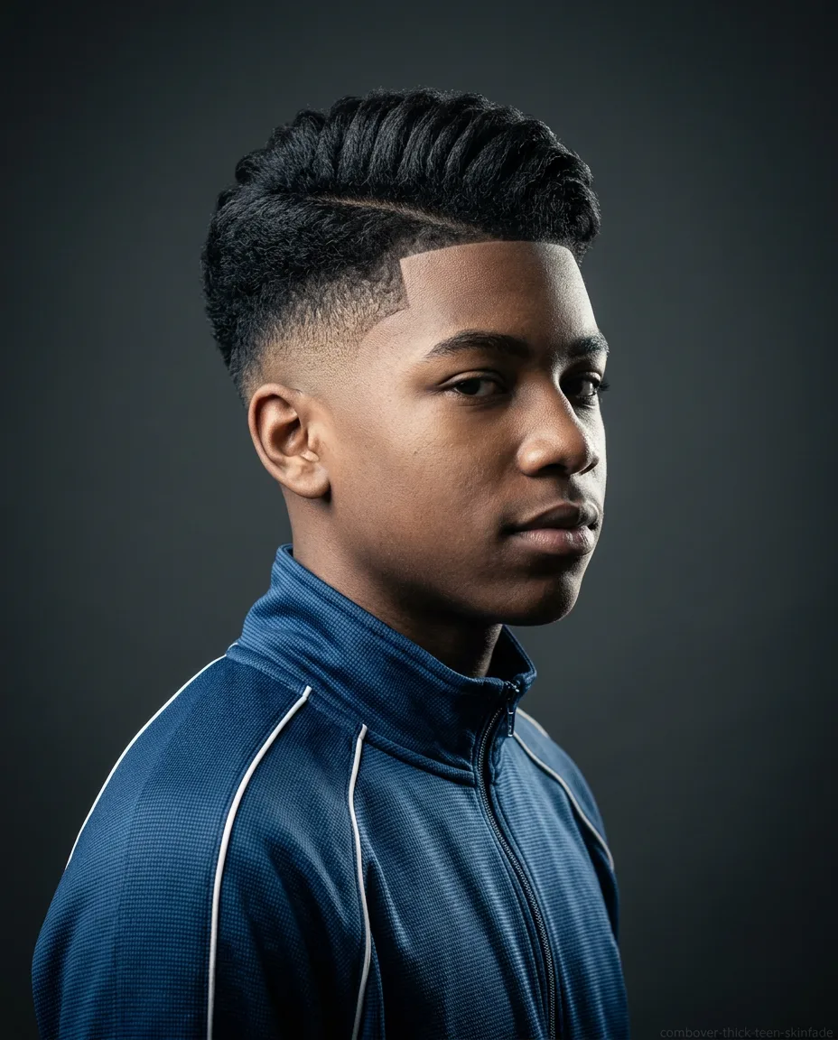 Long comb over with skin fade on teen boy thick hair