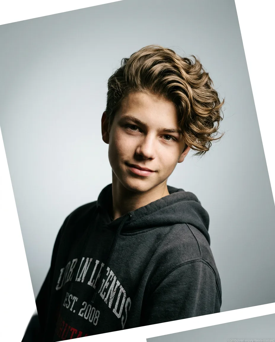 Classic long comb over on teen boy wavy hair