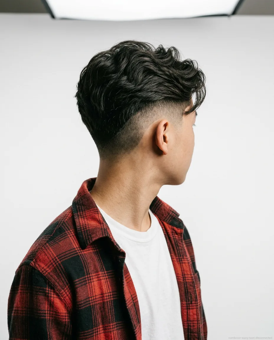 Disconnected long comb over on teen boy wavy hair