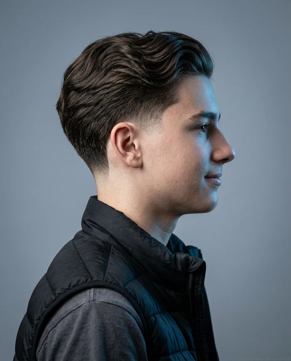 Long comb over with drop fade on teen boy wavy hair