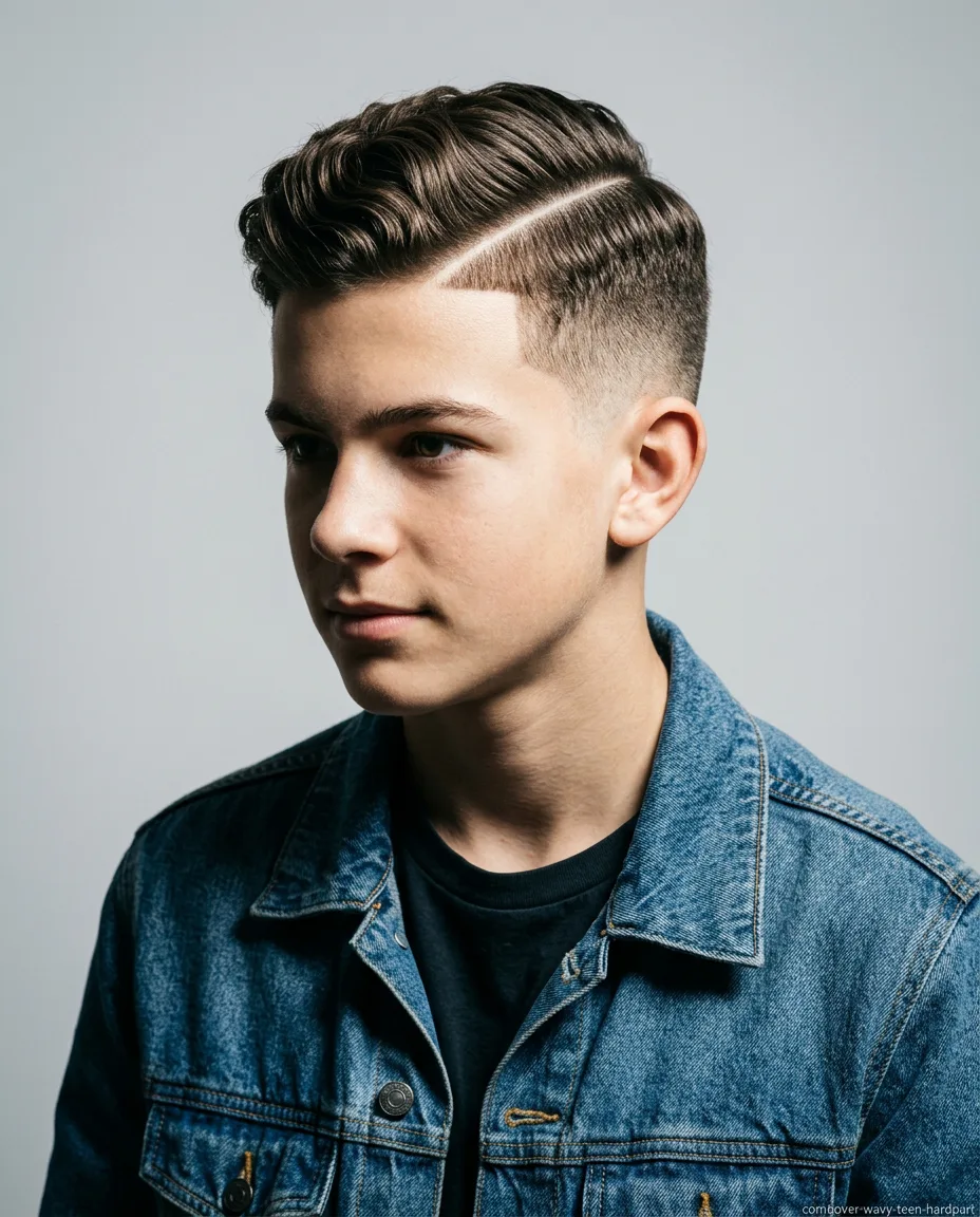 Hard part long comb over on teen boy wavy hair