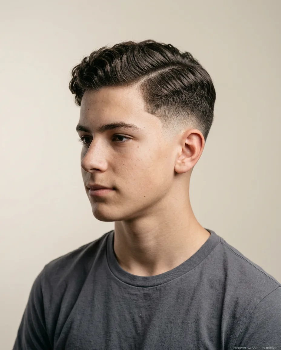 Long comb over with mid fade on teen boy wavy hair