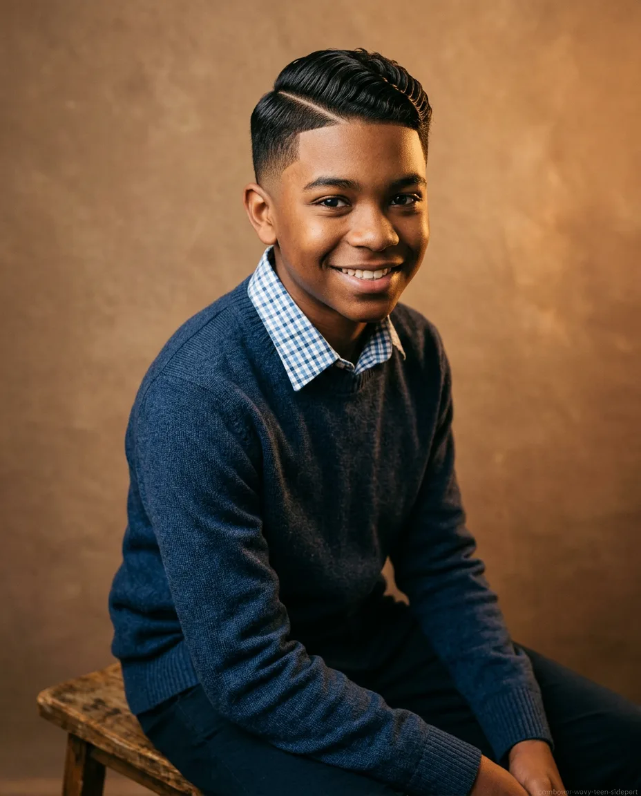 Side-part long comb over on teen boy wavy hair