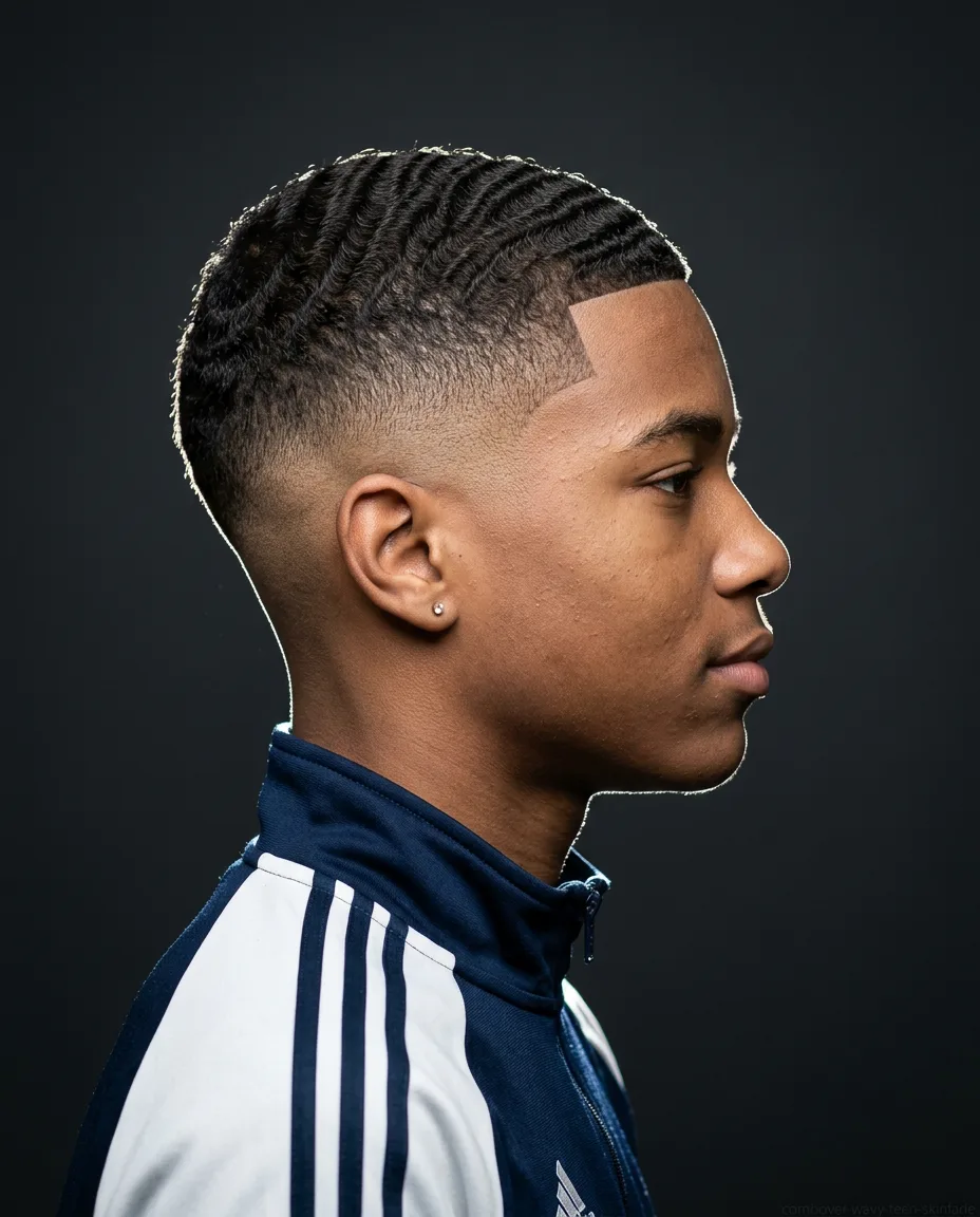 Long comb over with skin fade on teen boy wavy hair