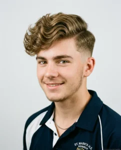 Long comb over with taper fade on teen boy wavy hair