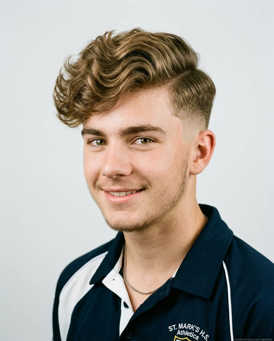 Long comb over with taper fade on teen boy wavy hair