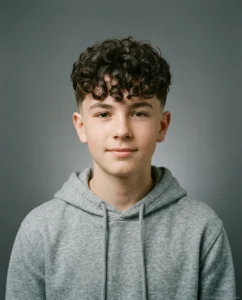 Curly Fringe Low Fade haircut for teen boy with curly hair
