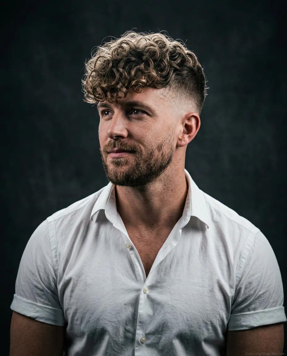 Curly Long Fringe Skin Fade on man
