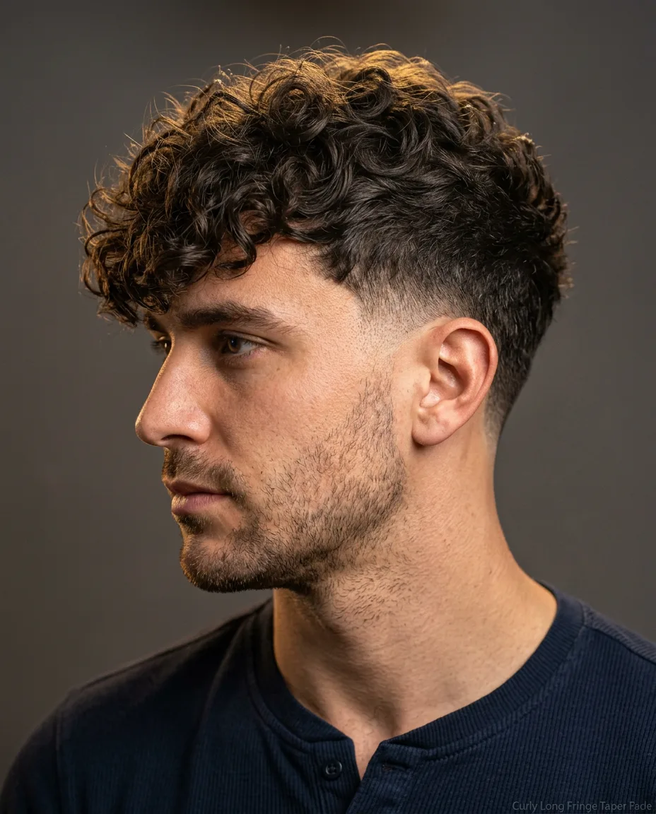 Curly Long Fringe Taper Fade on man