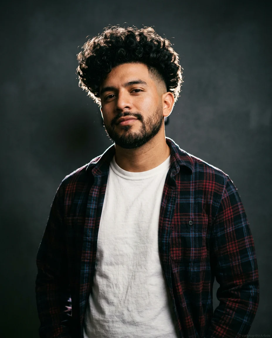 Curly Top High Fade on a man with thick hair