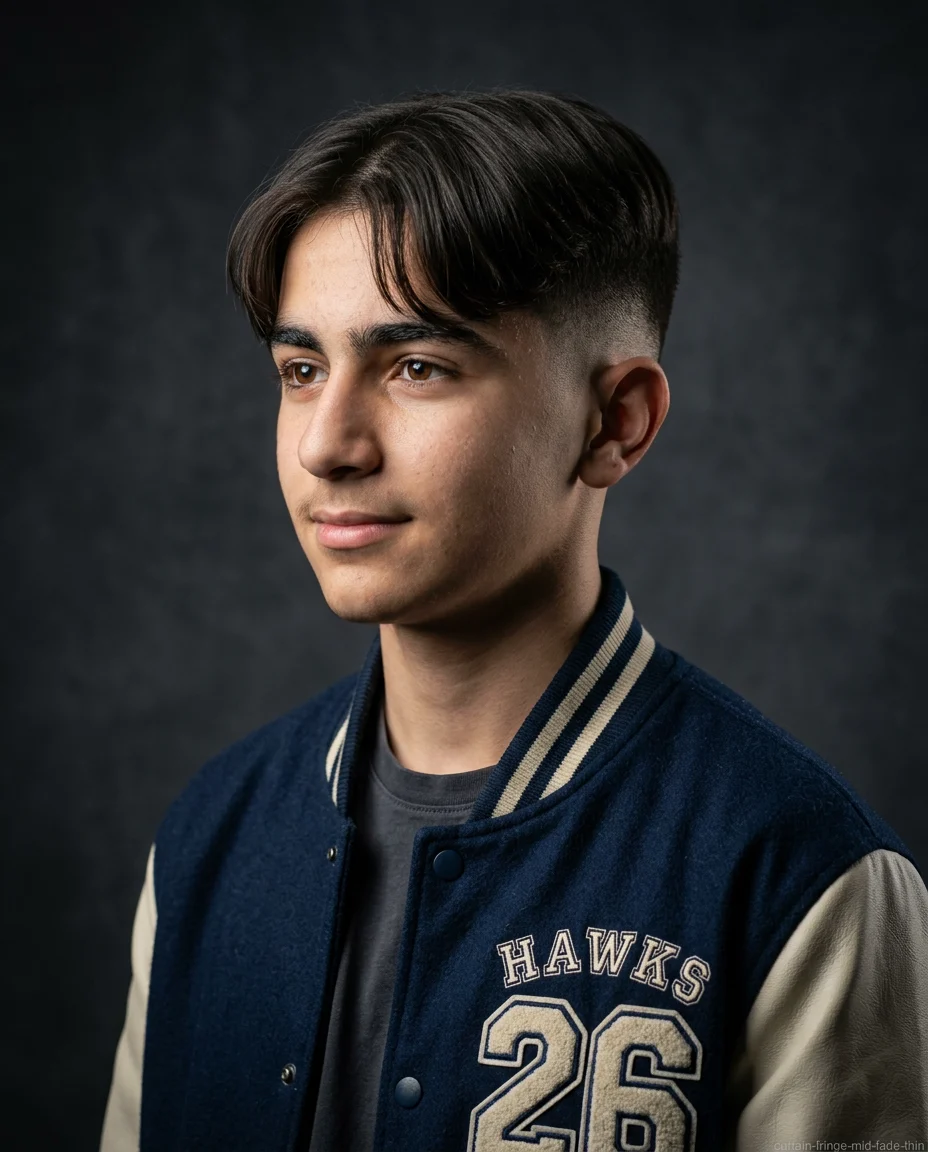 Mid Fade Curtain Fringe haircut for teen boy with thin hair