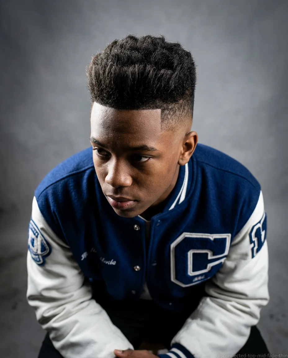 Mid Fade Disconnected Top haircut for teen boy with thin hair