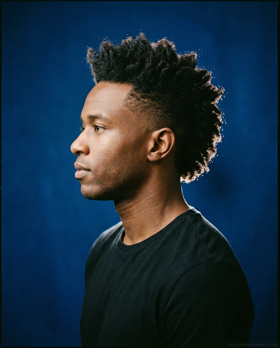 Curly faux hawk with drop fade for men