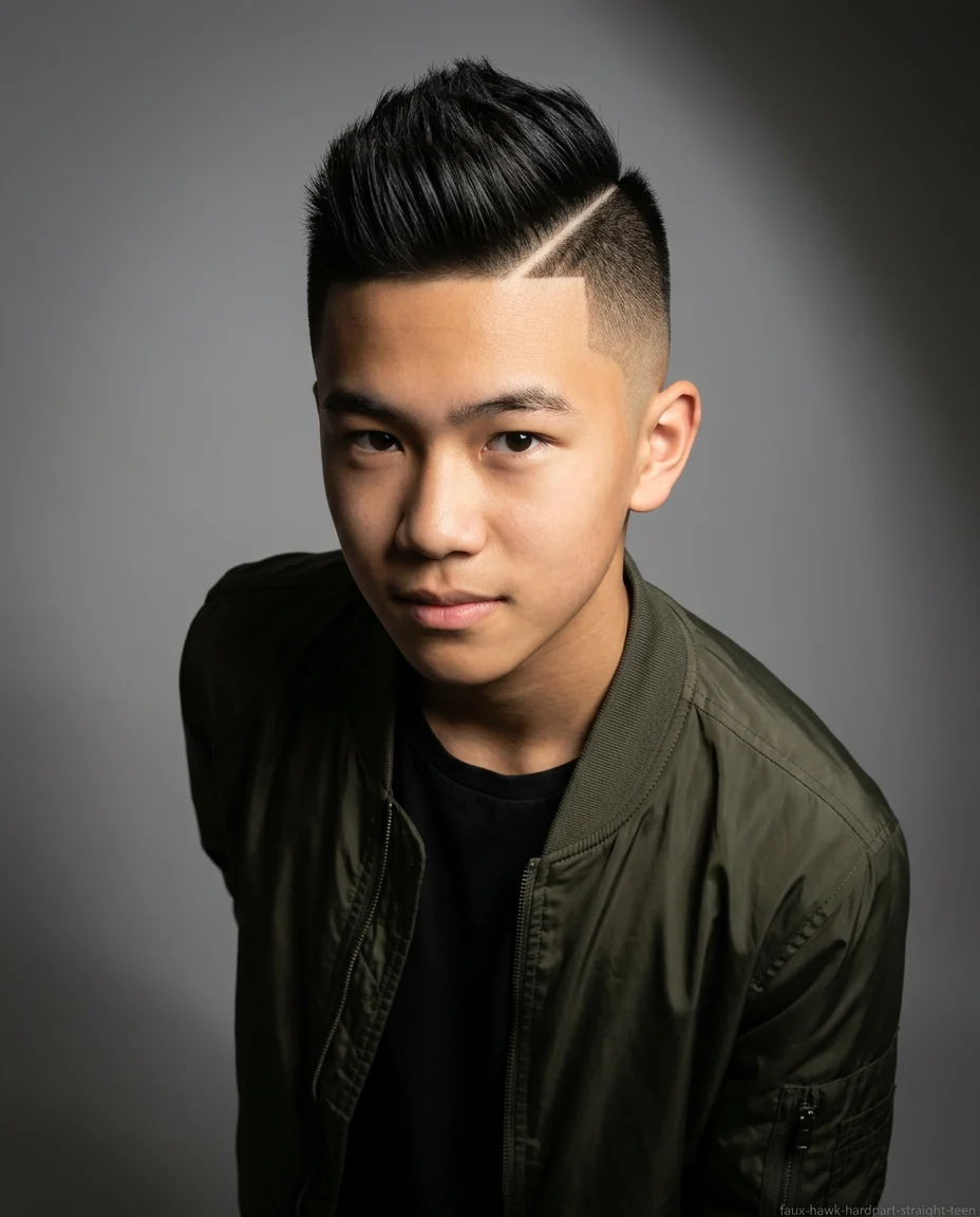 Medium Faux Hawk with Hard Part on teen boy with straight hair
