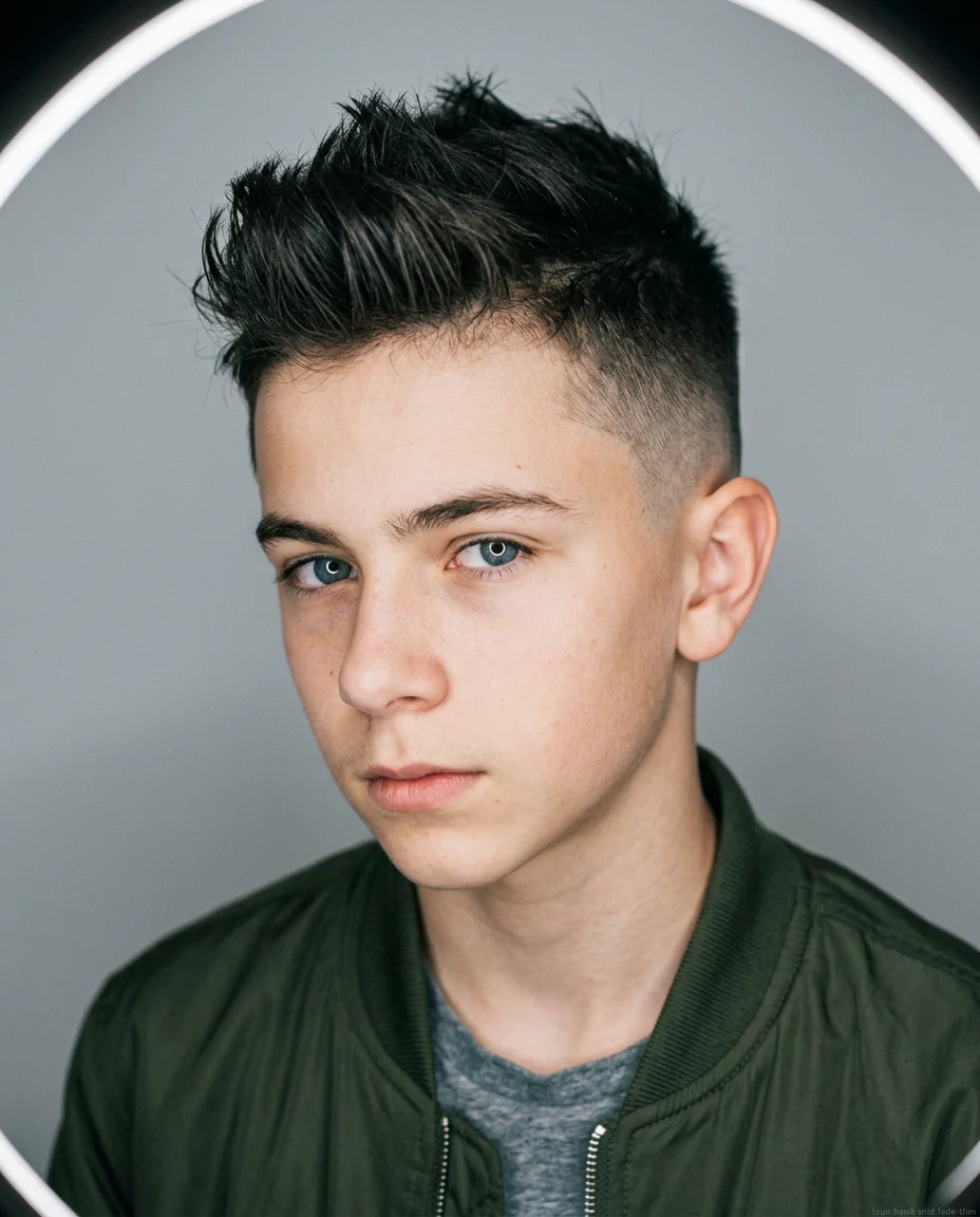 Mid Fade Faux Hawk haircut for teen boy with thin hair