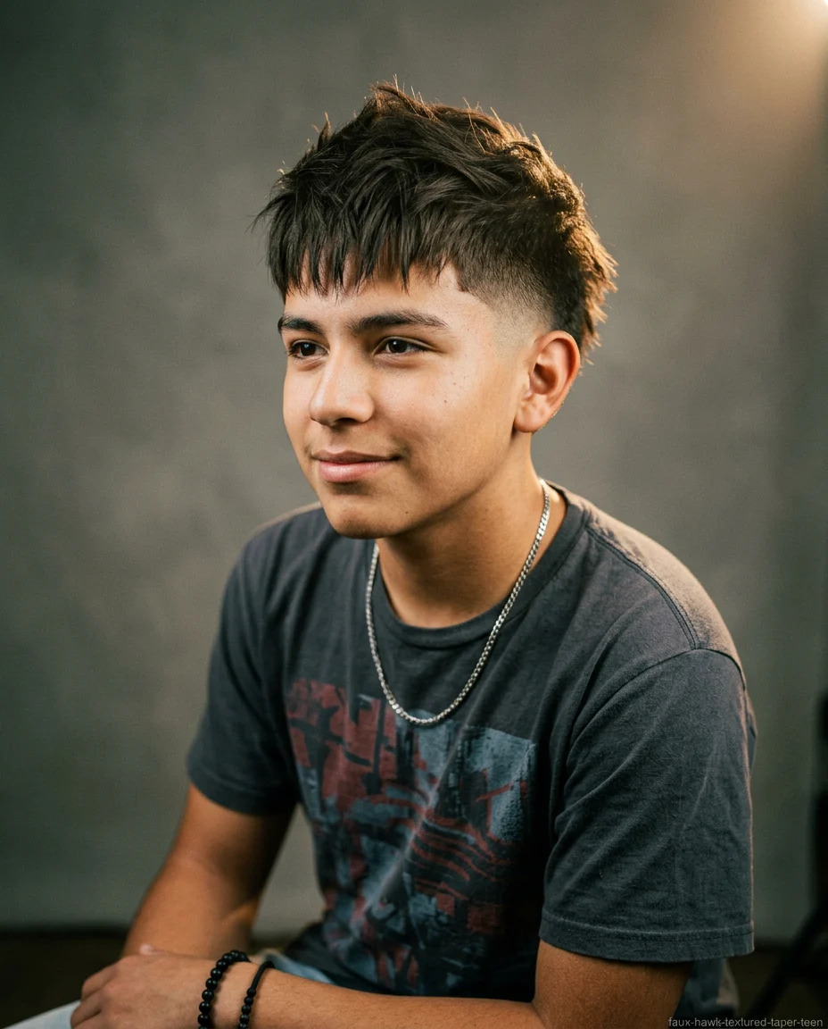 Textured Faux Hawk with Taper Fade on teen boy with straight hair