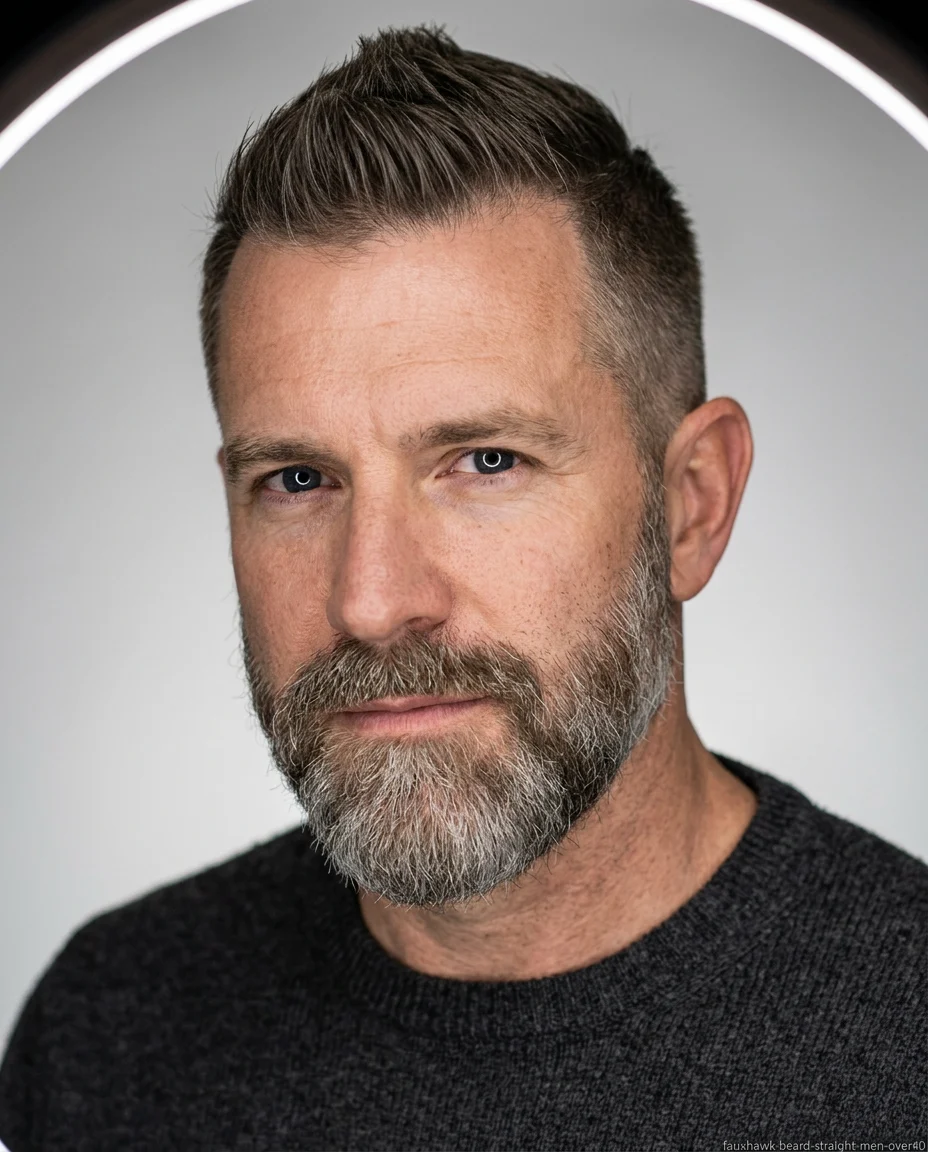 Faux Hawk with Full Beard for men over 40 with straight hair