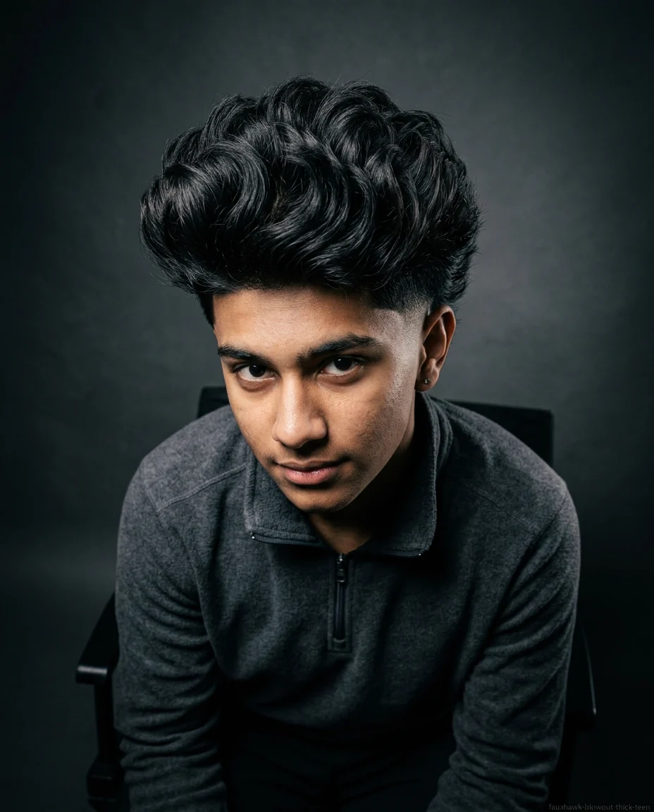 Blowout Faux Hawk on thick wavy hair for teen boys