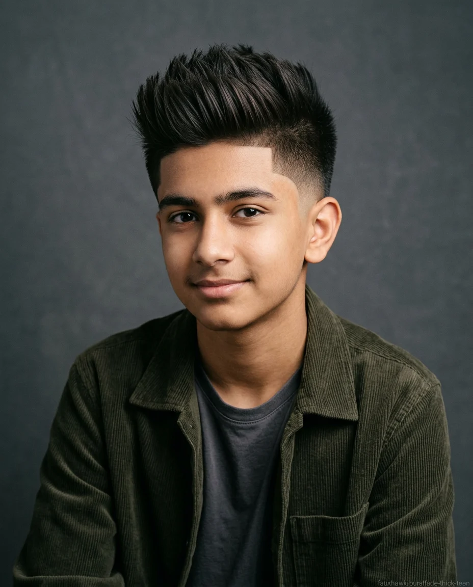 Faux Hawk with Burst Fade on thick straight hair for teen boys