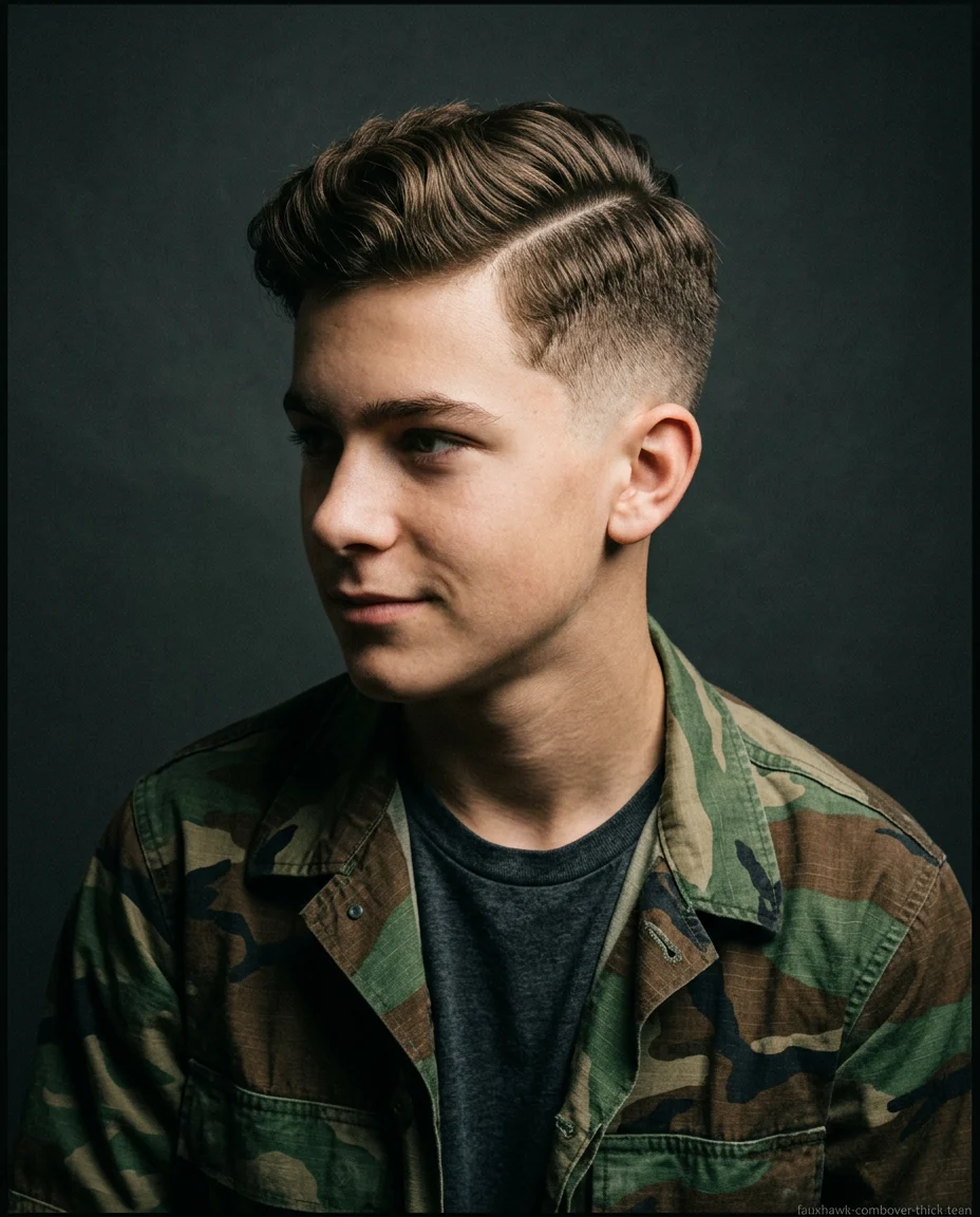 Faux Hawk Comb Over on thick wavy hair for teen boys