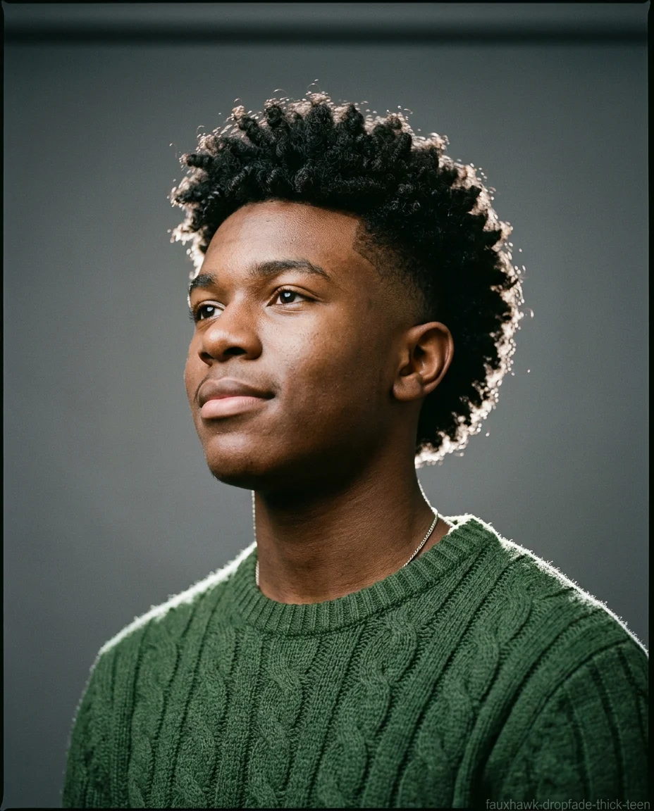 Faux Hawk with Drop Fade on thick curly hair for teen boys