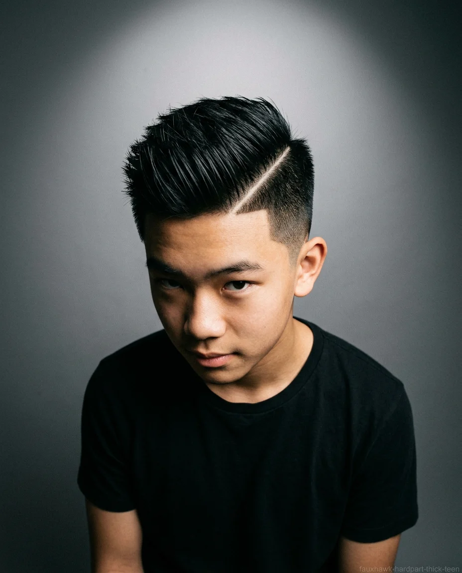Faux Hawk with Hard Part on thick straight hair for teen boys